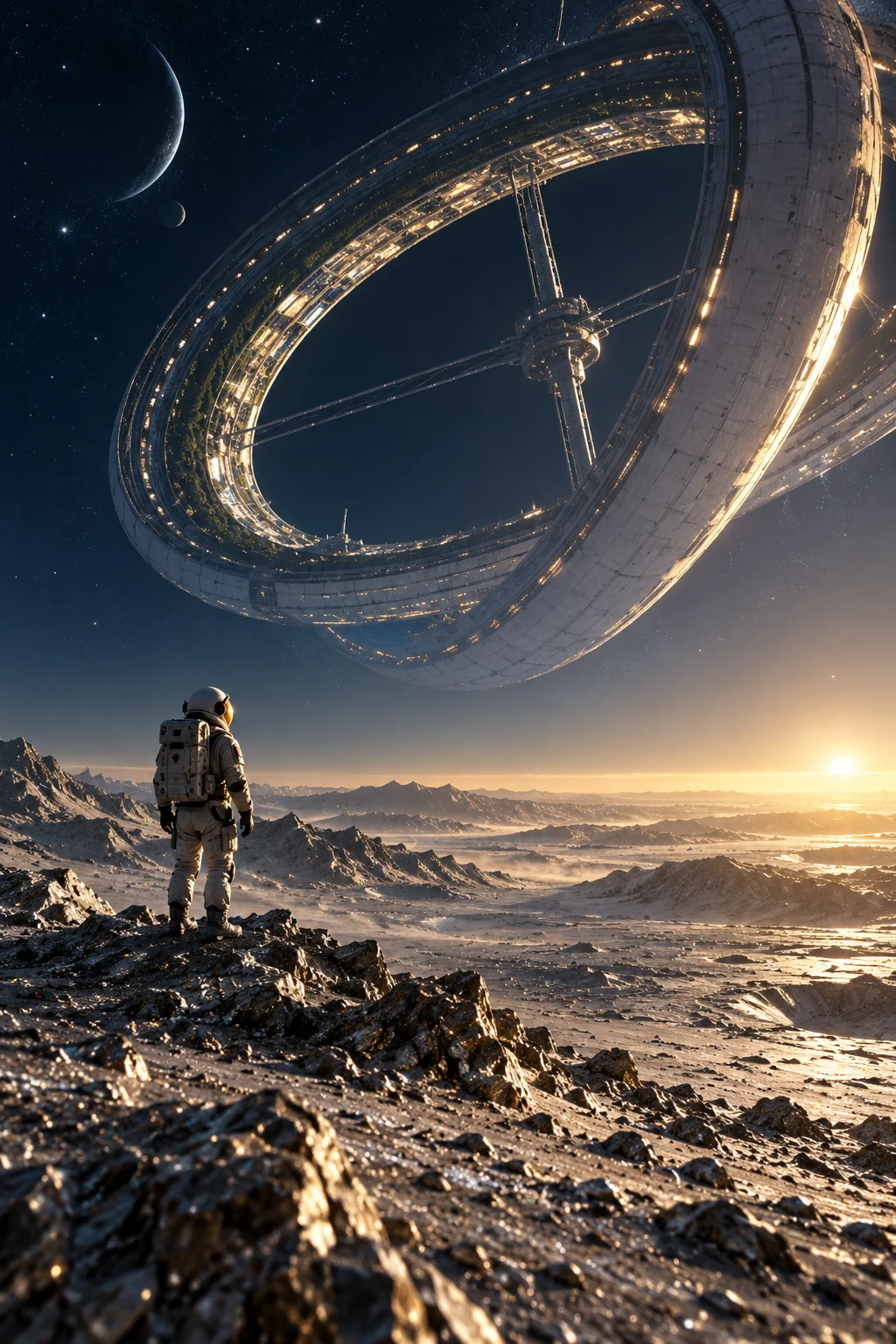 宇航员仰望深蓝天空中的环形太空栖息地